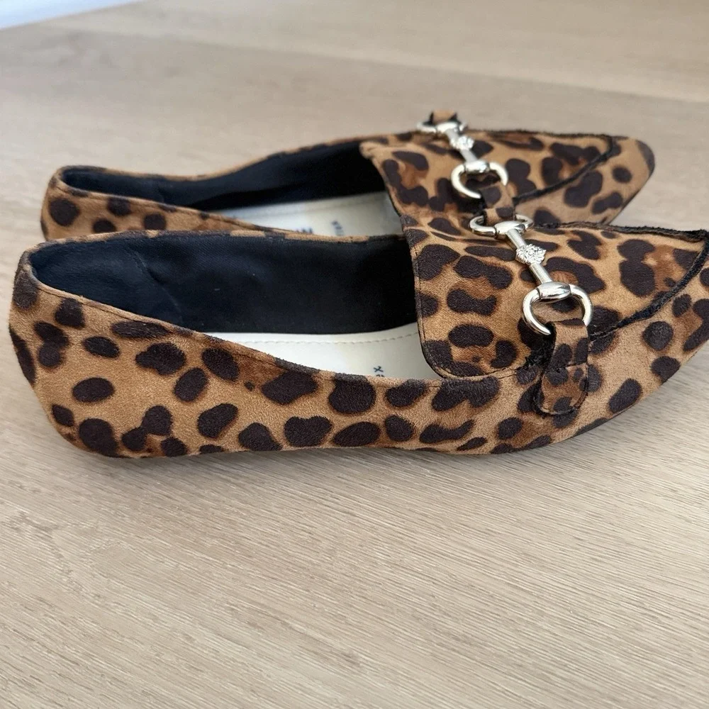 Anne Klein iflex Akoverbook Loafers Black Brown Leopard Print Pointed Toe Size 8